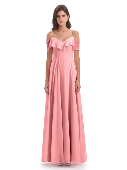 Miya A-line Floor Length Spaghetti Straps Ruffles Long Bridesmaid Dresses