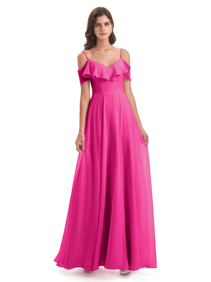 Miya A-line Floor Length Spaghetti Straps Ruffles Long Bridesmaid Dresses
