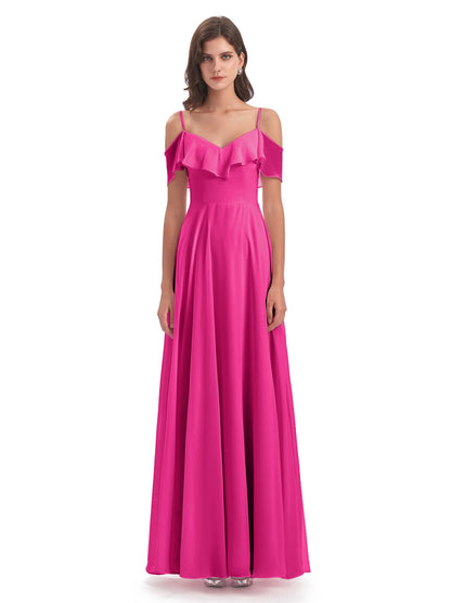 Miya A-line Floor Length Spaghetti Straps Ruffles Long Bridesmaid Dresses
