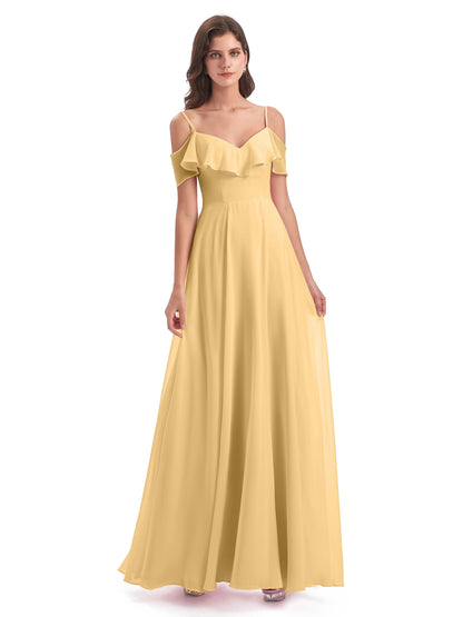 Miya A-line Floor Length Spaghetti Straps Ruffles Long Bridesmaid Dresses