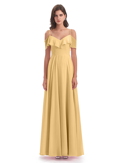 Miya A-line Floor Length Spaghetti Straps Ruffles Long Bridesmaid Dresses