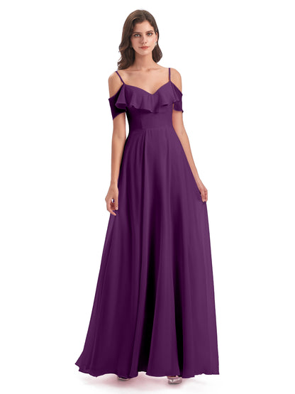 Miya A-line Floor Length Spaghetti Straps Ruffles Long Bridesmaid Dresses