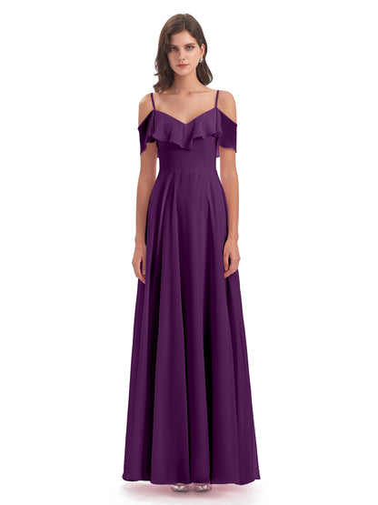 Miya A-line Floor Length Spaghetti Straps Ruffles Long Bridesmaid Dresses