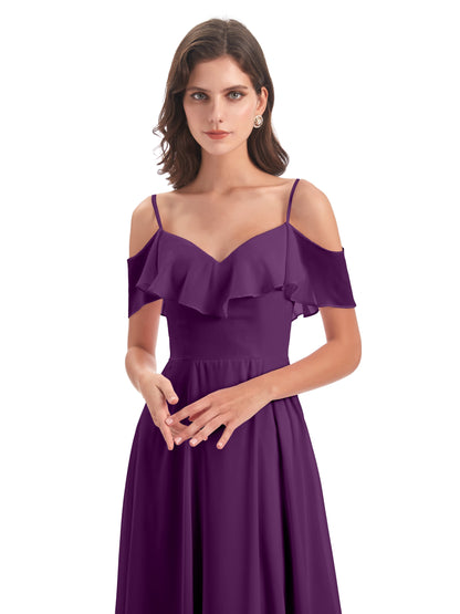 Miya A-line Floor Length Spaghetti Straps Ruffles Long Bridesmaid Dresses