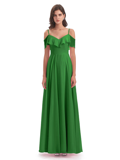 Miya A-line Floor Length Spaghetti Straps Ruffles Long Bridesmaid Dresses