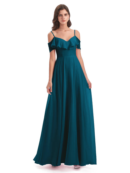 Miya A-line Floor Length Spaghetti Straps Ruffles Long Bridesmaid Dresses