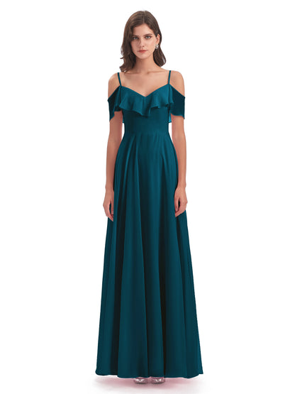 Miya A-line Floor Length Spaghetti Straps Ruffles Long Bridesmaid Dresses