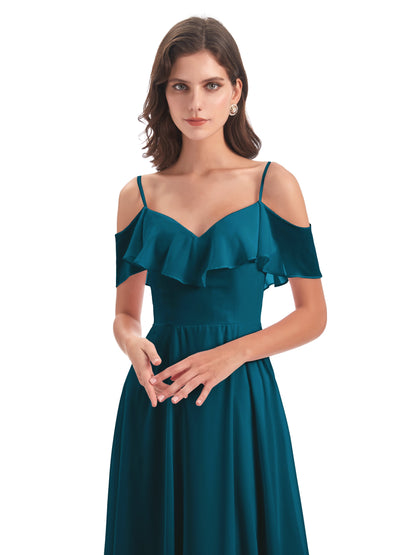 Miya A-line Floor Length Spaghetti Straps Ruffles Long Bridesmaid Dresses