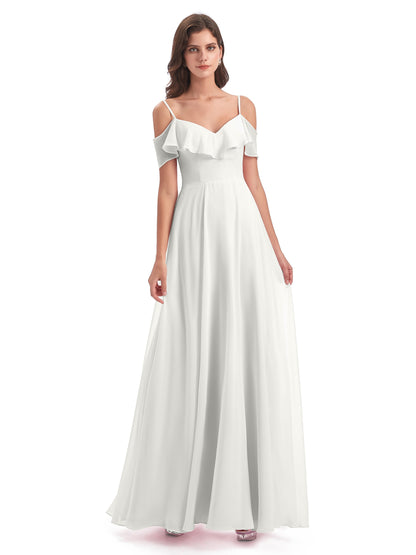 Miya A-line Floor Length Spaghetti Straps Ruffles Long Bridesmaid Dresses