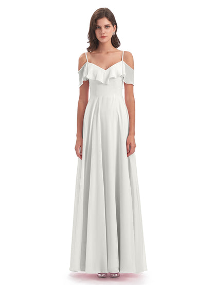 Miya A-line Floor Length Spaghetti Straps Ruffles Long Bridesmaid Dresses