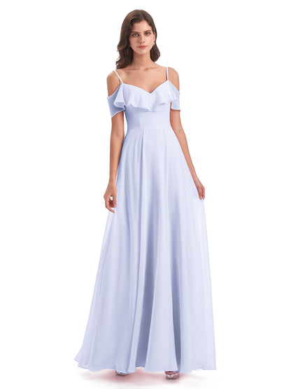 Miya A-line Floor Length Spaghetti Straps Ruffles Long Bridesmaid Dresses