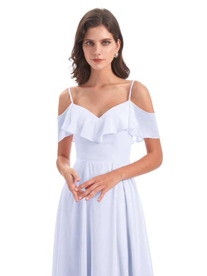 Miya A-line Floor Length Spaghetti Straps Ruffles Long Bridesmaid Dresses