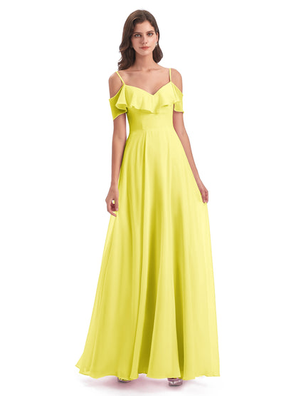 Miya A-line Floor Length Spaghetti Straps Ruffles Long Bridesmaid Dresses