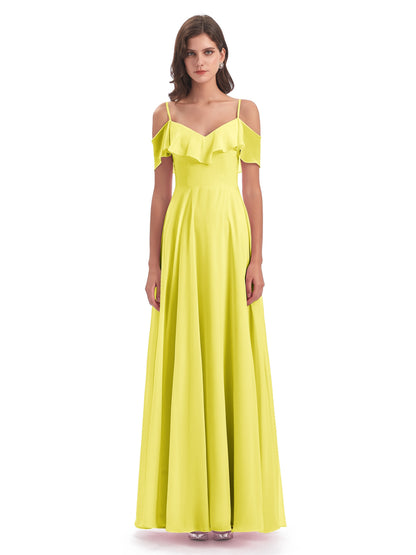 Miya A-line Floor Length Spaghetti Straps Ruffles Long Bridesmaid Dresses