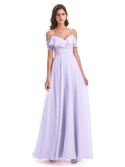 Miya A-line Floor Length Spaghetti Straps Ruffles Long Bridesmaid Dresses