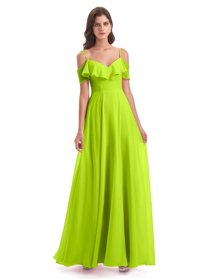 Miya A-line Floor Length Spaghetti Straps Ruffles Long Bridesmaid Dresses