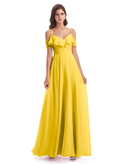 Miya A-line Floor Length Spaghetti Straps Ruffles Long Bridesmaid Dresses