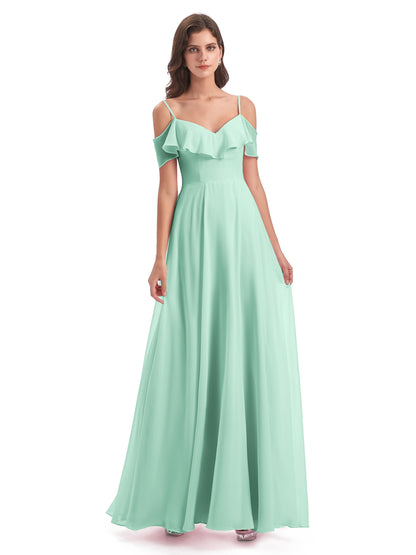 Miya A-line Floor Length Spaghetti Straps Ruffles Long Bridesmaid Dresses