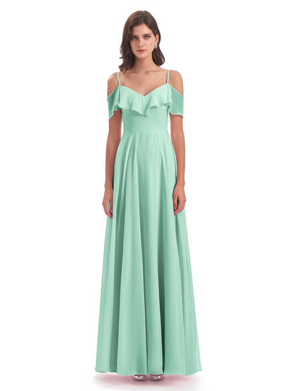 Miya A-line Floor Length Spaghetti Straps Ruffles Long Bridesmaid Dresses