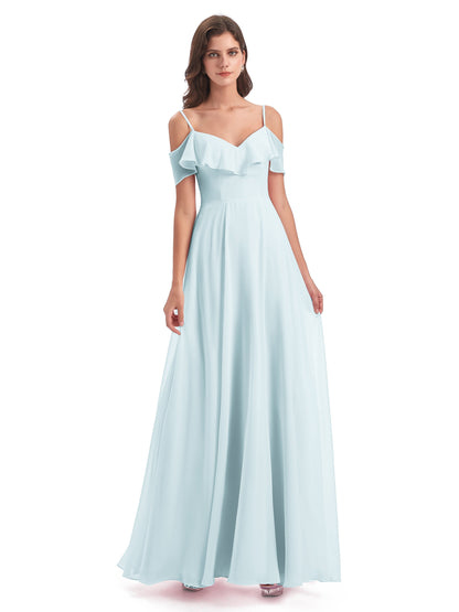 Miya A-line Floor Length Spaghetti Straps Ruffles Long Bridesmaid Dresses