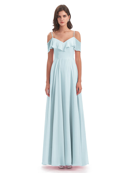 Miya A-line Floor Length Spaghetti Straps Ruffles Long Bridesmaid Dresses