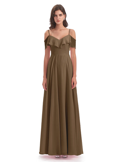 Miya A-line Floor Length Spaghetti Straps Ruffles Long Bridesmaid Dresses