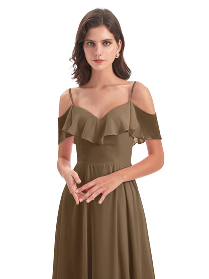 Miya A-line Floor Length Spaghetti Straps Ruffles Long Bridesmaid Dresses