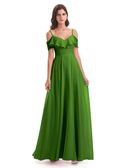 Miya A-line Floor Length Spaghetti Straps Ruffles Long Bridesmaid Dresses