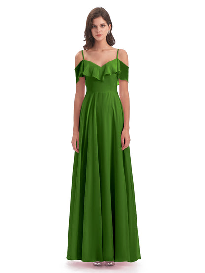 Miya A-line Floor Length Spaghetti Straps Ruffles Long Bridesmaid Dresses