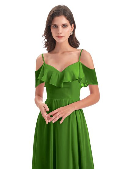 Miya A-line Floor Length Spaghetti Straps Ruffles Long Bridesmaid Dresses