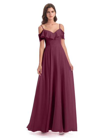 Miya A-line Floor Length Spaghetti Straps Ruffles Long Bridesmaid Dresses