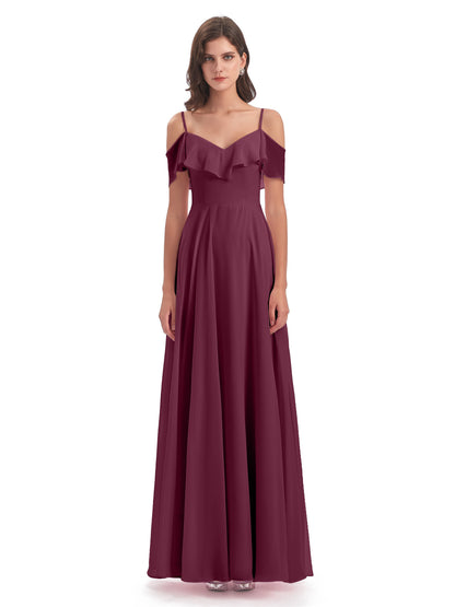 Miya A-line Floor Length Spaghetti Straps Ruffles Long Bridesmaid Dresses
