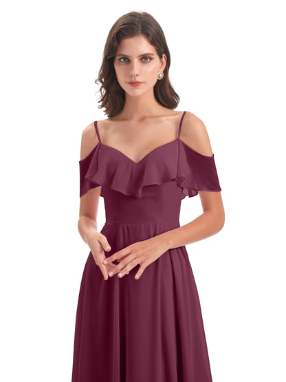 Miya A-line Floor Length Spaghetti Straps Ruffles Long Bridesmaid Dresses