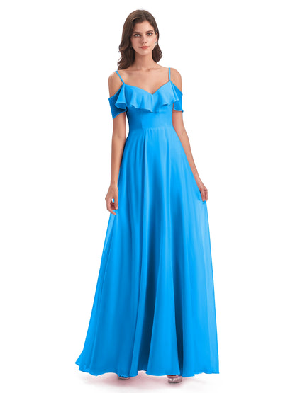Miya A-line Floor Length Spaghetti Straps Ruffles Long Bridesmaid Dresses
