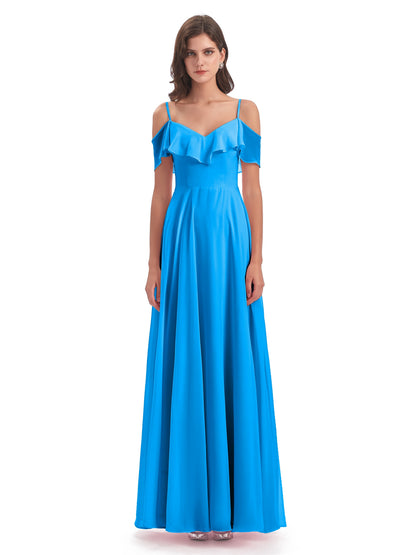 Miya A-line Floor Length Spaghetti Straps Ruffles Long Bridesmaid Dresses
