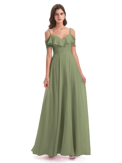 Miya A-line Floor Length Spaghetti Straps Ruffles Long Bridesmaid Dresses
