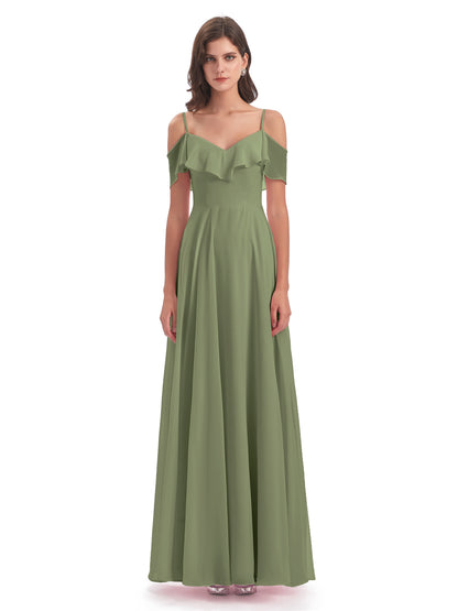 Miya A-line Floor Length Spaghetti Straps Ruffles Long Bridesmaid Dresses