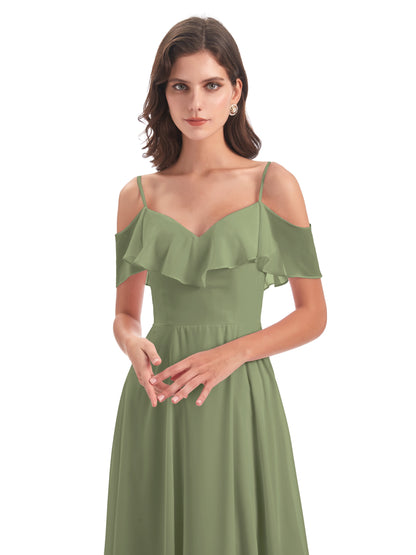 Miya A-line Floor Length Spaghetti Straps Ruffles Long Bridesmaid Dresses