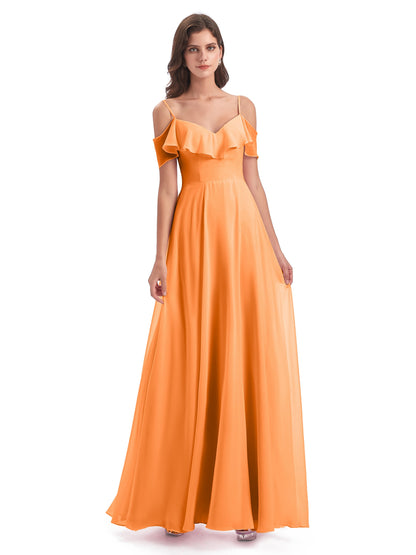 Miya A-line Floor Length Spaghetti Straps Ruffles Long Bridesmaid Dresses