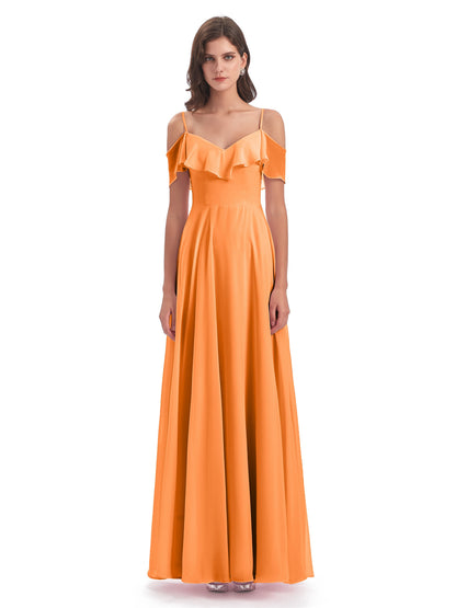 Miya A-line Floor Length Spaghetti Straps Ruffles Long Bridesmaid Dresses