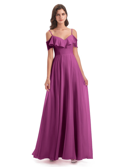 Miya A-line Floor Length Spaghetti Straps Ruffles Long Bridesmaid Dresses