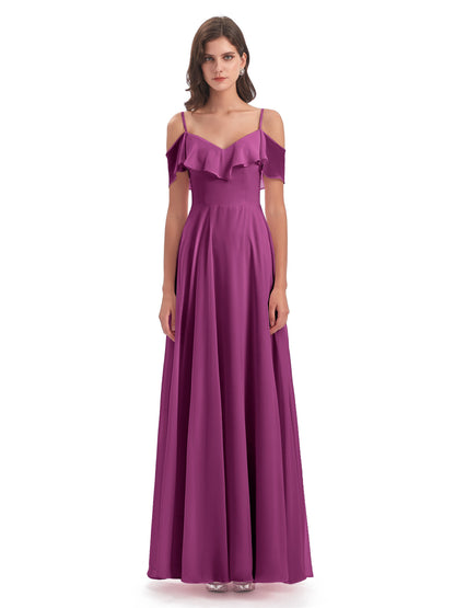 Miya A-line Floor Length Spaghetti Straps Ruffles Long Bridesmaid Dresses