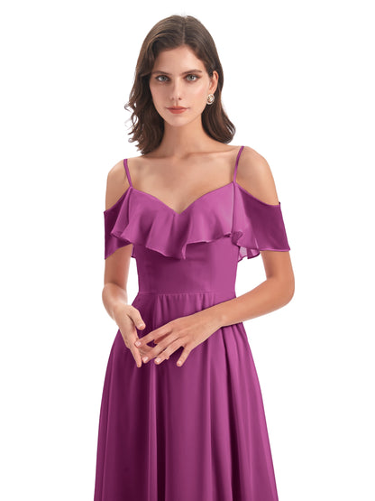 Miya A-line Floor Length Spaghetti Straps Ruffles Long Bridesmaid Dresses