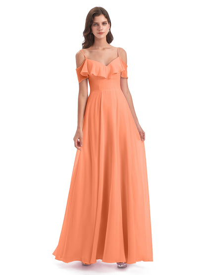 Miya A-line Floor Length Spaghetti Straps Ruffles Long Bridesmaid Dresses