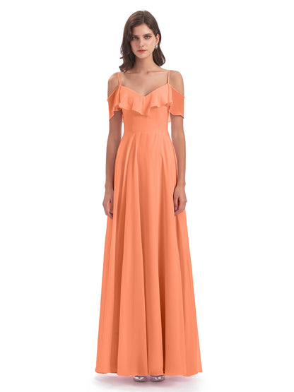 Miya A-line Floor Length Spaghetti Straps Ruffles Long Bridesmaid Dresses