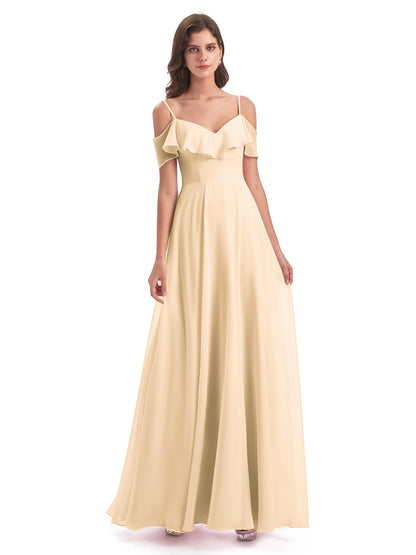 Miya A-line Floor Length Spaghetti Straps Ruffles Long Bridesmaid Dresses