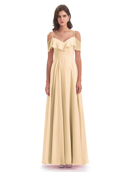 Miya A-line Floor Length Spaghetti Straps Ruffles Long Bridesmaid Dresses