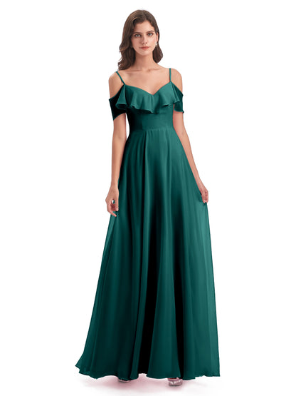 Miya A-line Floor Length Spaghetti Straps Ruffles Long Bridesmaid Dresses