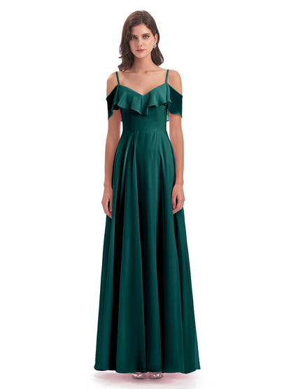 Miya A-line Floor Length Spaghetti Straps Ruffles Long Bridesmaid Dresses