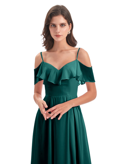 Miya A-line Floor Length Spaghetti Straps Ruffles Long Bridesmaid Dresses